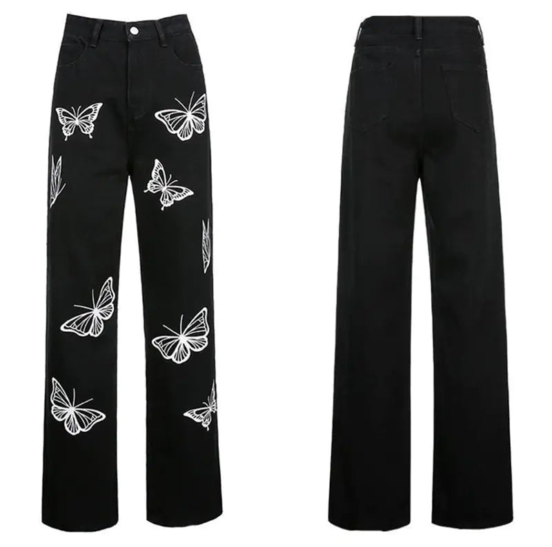 Women's Butterfly Print Jeans - Loose Fit
