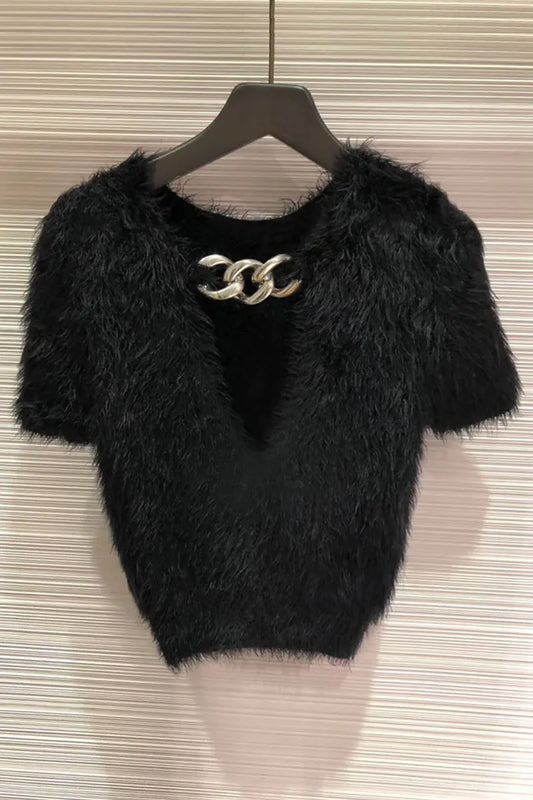 Black Short Knit Sweater with Chain