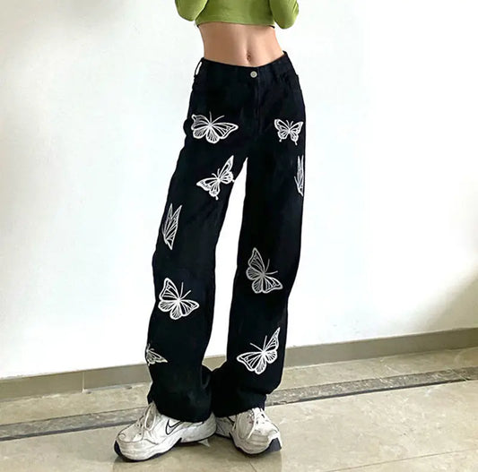 Women's Butterfly Print Jeans - Loose Fit