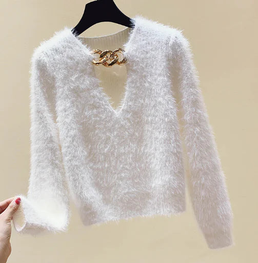 Black Short Knit Sweater with Chain