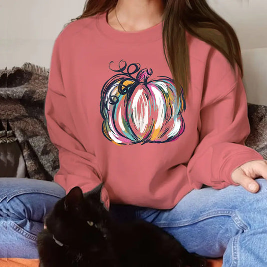 Casual Long Sleeve Hoodie with Halloween Pumpkin Print