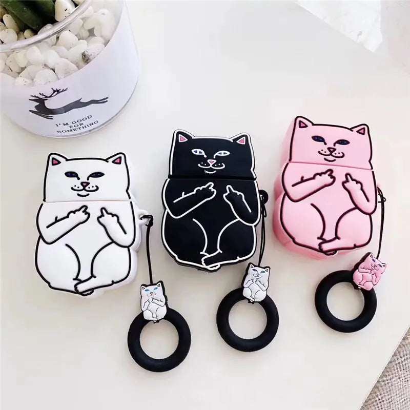 Middle Finger Cat Cartoon AirPods Case Cover