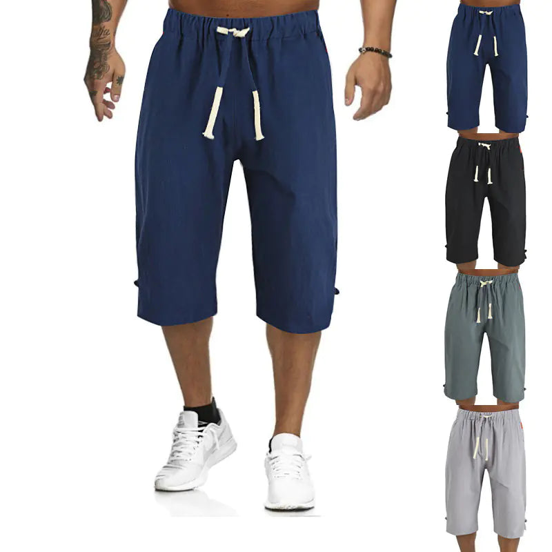 Cropped Cotton-Linen Trousers with Tie and Buckle