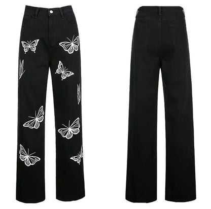 Women's Butterfly Print Jeans - Loose Fit