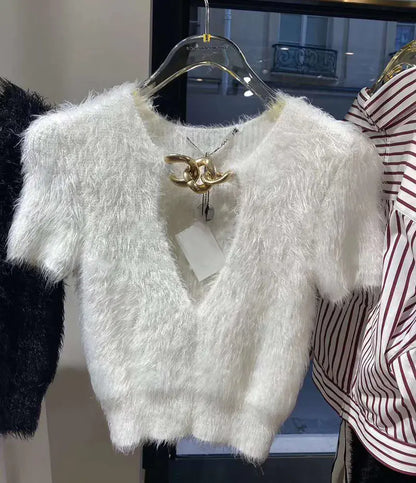 Black Short Knit Sweater with Chain