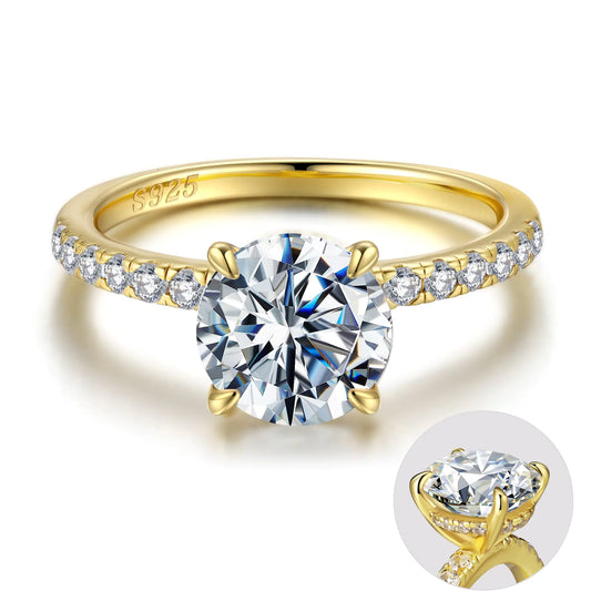 SMILEST CZ Engagement Rings for Women 2ct Round 14K Yellow Gold Plated Solid Sterling Silver Rings CZ Rings for Women Wedding Rings for Women Sterling Silver Rings Jewelry for Women Wife Size 9.5