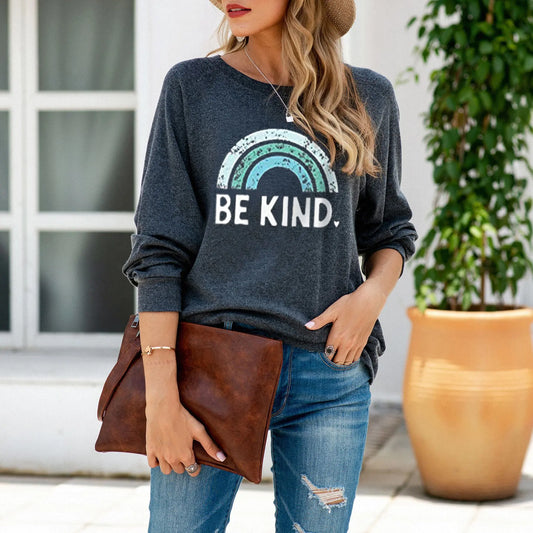 Rainbow Print Casual Loose Round Neck Sweater