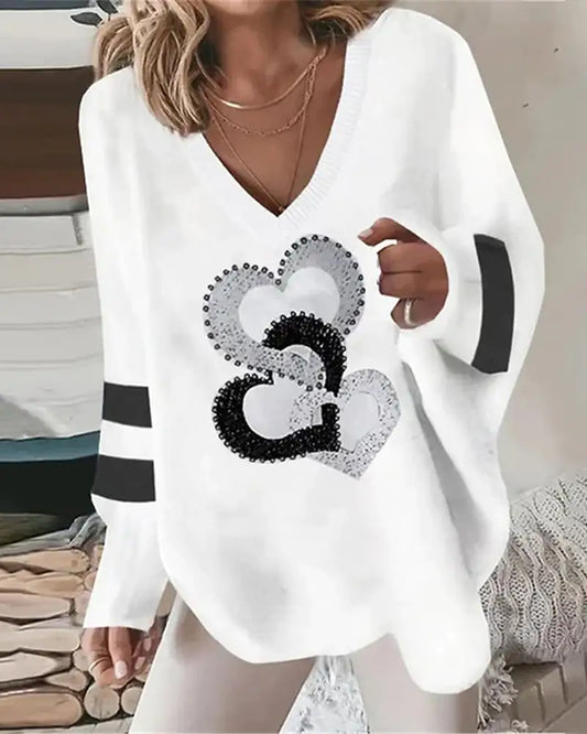 V Neck Heart Sweater