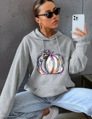 Casual Long Sleeve Hoodie with Halloween Pumpkin Print